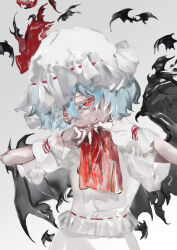 Rule 34 | 1girl, ascot, bat (animal), bat wings, blood, blood on clothes, blood on face, blood on hands, blue hair, bow, eyelashes, fangs, fingernails, frilled cuffs, frilled headwear, grey background, hair between eyes, hat, hat bow, highres, looking at viewer, mob cap, puffy short sleeves, puffy sleeves, red ascot, red bow, red eyes, remilia scarlet, sharp fingernails, shirt, short hair, short sleeves, simple background, skirt, solo, touhou, ue toono (atano), vampire, white hat, white shirt, white skirt, wings, wrist cuffs