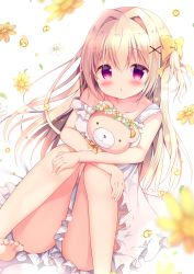 Rule 34 | 1girl, azumi kazuki, bare legs, barefoot, blonde hair, clothes between thighs, collarbone, dress, feet, floral background, frilled dress, frills, hair intakes, hair ornament, hair ribbon, hands on own knees, head wreath, highres, knees up, long hair, looking at viewer, original, parted lips, red eyes, ribbon, sitting, solo, stuffed animal, stuffed toy, teddy bear, thighs, toes, white background, white dress, x hair ornament, yellow ribbon