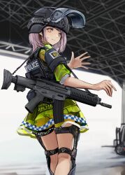 Rule 34 | 1girl, absurdres, assault rifle, black helmet, blurry, blurry background, brown eyes, brown hair, closed mouth, clothes writing, commentary request, depth of field, forklift, green jacket, gun, gun sling, hangar, helmet, highres, indoors, jacket, lithographica, looking at viewer, looking to the side, muzzle device, original, police, police uniform, policewoman, puffy short sleeves, puffy sleeves, rail (weapon), rifle, short sleeves, shorts, smile, solo, sweat, telescoping stock, uniform, visor (armor), weapon, weapon request, yellow shorts