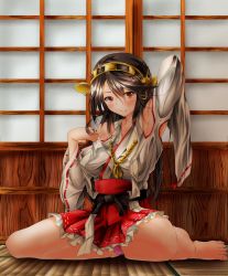 Rule 34 | 10s, 1girl, absurdres, armpits, bare shoulders, black hair, breasts, brown eyes, detached sleeves, hair ornament, hairband, hairclip, haruna (kancolle), highres, japanese clothes, kantai collection, kuromu, large breasts, long hair, panties, pantyshot, personification, sitting, skirt, smile, solo, underwear, upskirt