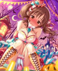 Rule 34 | 10s, 1girl, artist request, bare shoulders, blush, boots, bow, breasts, brown eyes, brown hair, castle, cleavage, derivative work, dildo, dress, ghost, halloween, hat, idolmaster, idolmaster cinderella girls, idolmaster cinderella girls starlight stage, medium breasts, mini hat, moon, pumpkin, ray-k, sex toy, solo, thighs, third-party edit, tongue, tongue out, totoki airi, twintails