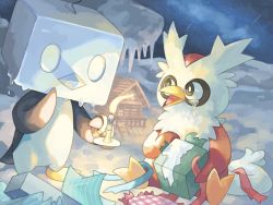 Rule 34 | bird, black eyes, bright pupils, candle, christmas, cloud, commentary request, creatures (company), crying, delibird, eiscue, eiscue (ice), fire, fire, footprints, game freak, gen 2 pokemon, gen 8 pokemon, gift, happi xfyg, holding, holding gift, melting, night, nintendo, no humans, open mouth, outdoors, pokemon, pokemon (creature), ribbon, shooting star, sitting, sky, snow, tears, tongue