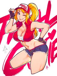 Rule 34 | 1girl, artist name, aurahack, bangle, baseball cap, blonde hair, bracelet, breasts, cleavage, cropped jacket, cropped legs, denim, denim shorts, fatal fury, fingerless gloves, genderswap, genderswap (mtf), gloves, hand on own hip, hat, heart, highres, jewelry, large breasts, looking at viewer, midriff, navel, one eye closed, open mouth, short shorts, shorts, simple background, sleeveless, smile, snk heroines: tag team frenzy, solo, terry bogard, text focus, the king of fighters, unzipped, watermark, web address, white background
