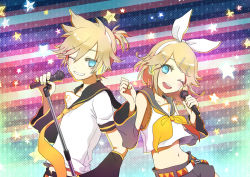 Rule 34 | 1boy, 1girl, aqua eyes, belt, blonde hair, bow, brother and sister, detached sleeves, grin, hair bow, hair ornament, hairclip, kagamine len, kagamine rin, microphone, microphone stand, midriff, navel, one eye closed, ria (rilpoppo), shorts, siblings, smile, star (symbol), twins, vocaloid, wink