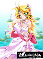 Rule 34 | 1girl, blonde hair, blush, breasts, character request, cleavage, commentary request, cowboy shot, dress, extra arms, eyes visible through hair, fang, flower, green eyes, hair between eyes, heart, heart hands, large breasts, lily pad, long hair, looking at viewer, lotus, official art, open mouth, pink dress, pink flower, smile, solo, tanono, x legend