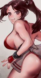 Rule 34 | 1girl, absurdres, ass, backless outfit, breasts, brown eyes, brown hair, cleavage, female focus, highres, ibuo (ibukht1015), large breasts, looking at viewer, no bra, ponytail, revealing clothes, shiranui mai, sideboob, simple background, smile, solo, the king of fighters, underboob