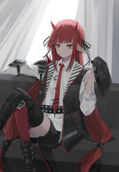 Rule 34 | 1girl, arknights, asymmetrical legwear, belt, black belt, black footwear, black hat, black shorts, black thighhighs, black vest, blunt bangs, boots, buttons, cjsdh1000, closed mouth, collared shirt, commentary, commission, couch, crossed legs, curtains, demon girl, demon horns, demon tail, elbow pads, eyebrows hidden by hair, feet out of frame, flat cap, hair ornament, hairpin, hat, horns, long hair, long sleeves, looking at viewer, low-tied long hair, necktie, on couch, open clothes, open vest, pointy ears, red eyes, red necktie, red thighhighs, shirt, shorts, shoulder guard, sidelocks, sitting, smile, solo, tail, thighhighs, unworn hat, unworn headwear, very long hair, vest, vigna (arknights), white shirt