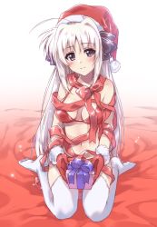 Rule 34 | 1girl, ahoge, bed sheet, bikini, black bow, blush, bow, christmas, closed mouth, commentary, gift, gift wrapping, gloves, hair bow, hat, highres, holding, holding gift, kuroi mimei, light smile, long hair, looking at viewer, lyrical nanoha, medium hair, navel, on bed, purple eyes, red bikini, red bow, red gloves, red hat, rinne berlinetta, santa bikini, santa gloves, santa hat, silver hair, sitting, solo, swimsuit, thighhighs, vivid strike!, wariza, white background, white thighhighs
