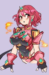 Rule 34 | 1girl, blush, bob cut, chest jewel, crossed legs, earrings, fingerless gloves, fire, gloves, hachinos ssb, jewelry, pyra (xenoblade), red eyes, red hair, short hair, solo, swept bangs, tiara, xenoblade chronicles (series), xenoblade chronicles 2