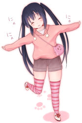 Rule 34 | 1girl, bag, black hair, closed eyes, female focus, full body, handbag, hood, hoodie, k-on!, legs, long hair, nakano azusa, outstretched arms, shorts, simple background, solo, spread arms, striped clothes, striped thighhighs, tateshina, thighhighs, thighs, twintails, white background