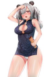 Rule 34 | 1girl, animal ears, arknights, armpit peek, bad id, bad pixiv id, bamboo, bare legs, black hair, blue dress, blush, breasts, cameltoe, china dress, chinese clothes, cleavage, cleavage cutout, clothing cutout, cowboy shot, deaver, dress, fang, feater (arknights), hair between eyes, hair over one eye, highres, large breasts, looking at viewer, medium hair, multicolored hair, open mouth, panda ears, panties, pantyshot, ponytail, red eyes, short dress, side slit, silver hair, simple background, sleeveless, sleeveless dress, solo, standing, streaked hair, sweat, thighs, two-tone hair, underwear, white background, white panties, wiping sweat