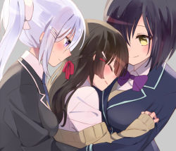 Rule 34 | 3girls, black jacket, blush, bow, bowtie, brown hair, brown sweater, closed eyes, closed mouth, collared shirt, commentary request, embarrassed, from side, girl sandwich, grey background, hair bow, hair ornament, hair over one eye, hairclip, hand on another&#039;s arm, higuchi kaede, higuchi kaede (1st costume), jacket, long hair, looking at another, multiple girls, nijisanji, ponytail, profile, purple eyes, purple neckwear, red bow, sandwiched, school uniform, shirt, shizuka rin, shizuka rin (1st costume), short hair, sleeves past wrists, smile, sou (tuhut), sweatdrop, sweater, tsukino mito, tsukino mito (1st costume), upper body, virtual youtuber, white hair, white shirt, yellow eyes