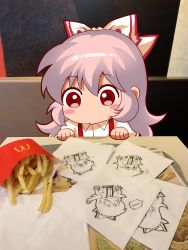 Rule 34 | bow, collared shirt, commentary request, fast food, food, french fries, fujiwara no mokou, hair bow, highres, jokanhiyou, mcdonald&#039;s, puffy short sleeves, puffy sleeves, red eyes, shirt, short sleeves, suspenders, touhou, white bow, white hair, white shirt