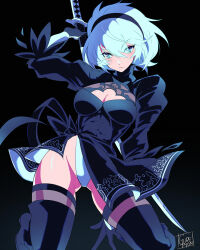 Rule 34 | 1girl, black background, black footwear, black leotard, blue eyes, bob cut, boots, breasts, cleavage, cleavage cutout, closed mouth, clothing cutout, elbow gloves, gloves, gurepyon, headband, highres, holding, holding sword, holding weapon, katana, leotard, long sleeves, looking at viewer, medium breasts, nier (series), nier:automata, short hair, signature, simple background, solo, sword, thigh boots, weapon, white gloves, white hair, 2b (nier:automata)