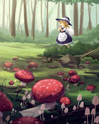Rule 34 | 1girl, absurdres, apron, black hat, black skirt, black vest, blonde hair, bow, brown eyes, bush, commentary, day, forest, furahata gen, grass, hair bow, hat, hat bow, highres, holding, holding sack, kirisame marisa, leaf, letter, long hair, looking at viewer, mushroom, nature, open mouth, outdoors, plant roots, rock, sack, shirt, short sleeves, skirt, skirt set, solo, touhou, tree, vest, waist apron, white apron, white bow, white shirt, wide shot, witch hat