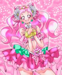 Rule 34 | 1girl, :d, bare shoulders, blush, clover earrings, commentary request, cure nico, cure yell, double bun, earrings, eyelashes, hair bun, hair ornament, happy, hugtto! precure, jewelry, layered skirt, long hair, looking at viewer, magical girl, midriff, navel, nono hana, open mouth, pink background, pink eyes, pink hair, pink shirt, pink skirt, pink theme, precure, shirt, skirt, smile, solo, standing, wrist cuffs
