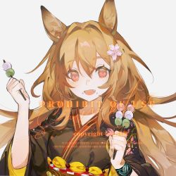 Rule 34 | 1girl, :d, animal ear fluff, animal ears, arknights, black kimono, brown hair, ceobe (arknights), checkered sash, commentary request, dango, english text, fang, flower, food, food on face, grey background, hair between eyes, hair flower, hair ornament, happybiirthd, highres, holding, holding food, japanese clothes, kimono, long hair, obi, open mouth, red eyes, sanshoku dango, sash, signature, simple background, smile, solo, upper body, wagashi, watermark, white flower