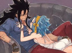 Rule 34 | 1boy, 1girl, ass, ass grab, backless dress, backless outfit, belt, black eyes, black hair, blue hair, blue shirt, blush, breasts, brown gloves, chin piercing, couch, couple, dress, dress shirt, ear piercing, eye contact, fairy tail, fingerless gloves, gajeel redfox, gloves, grey ribbon, grin, hairband, jewelry, levy mcgarden, long hair, looking at another, lying, lying on person, meme attire, necklace, nose piercing, on back, on stomach, orange hairband, pants, piercing, pillow, red pants, rusky, shirt, short dress, sideboob, sign, sleeveless, sleeveless dress, small breasts, smile, spiked hair, tattoo, white dress