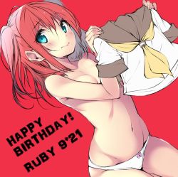 Rule 34 | 10s, 1girl, 3:, blue eyes, blush, bow, bow panties, breasts, convenient arm, convenient censoring, cowboy shot, dated, dutch angle, happy birthday, hario 4, holding, holding clothes, holding shirt, kurosawa ruby, love live!, love live! sunshine!!, medium hair, navel, panties, pink background, pink hair, shirt, simple background, small breasts, solo, topless, two side up, underwear, underwear only, white panties