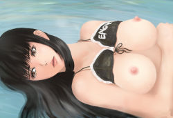Rule 34 | 1girl, bikini, bikini top lift, black hair, breasts, brown eyes, clothes lift, dead or alive, eyelashes, front-tie bikini top, front-tie top, hair down, large breasts, lei fang, lips, long hair, lying, nipples, on back, solo, swimsuit, tecmo, uncertaintys, wet