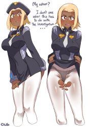 Rule 34 | 1girl, absurdres, black dress, black panties, blonde hair, blush, breasts, brown eyes, clothes lift, contrapposto, dark-skinned female, dark skin, dress, dress lift, dress tug, english text, flcl, freckles, hat, highres, kitsurubami, lifting own clothes, lightsource, long sleeves, looking at viewer, medium breasts, military, military uniform, multiple views, necktie, open mouth, panties, panties under pantyhose, pantyhose, short hair, simple background, sweatdrop, torn clothes, torn legwear, underwear, uniform, white background, white pantyhose