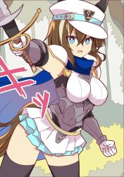 Rule 34 | 1girl, alternate costume, arm up, armor, armpits, black thighhighs, blue cape, blue eyes, breasts, brown hair, cape, cheval grand (umamusume), clenched hand, commentary request, cowboy shot, detached sleeves, ear covers, grass, hair between eyes, hat, highres, holding, holding sword, holding weapon, long sleeves, looking at viewer, medium breasts, miniskirt, multicolored hair, open mouth, outdoors, peaked cap, pleated skirt, skirt, solo, streaked hair, sword, thighhighs, tree, umamusume, wahiko (black bastard), weapon, white hair, white hat