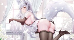 Rule 34 | 1girl, animal ear fluff, animal ears, apron, ass, black bow, black footwear, bow, breasts, brown eyes, bug, butterfly, closed mouth, curtains, elbow gloves, flower, fox ears, fox girl, fox tail, frilled apron, frills, gloves, grey hair, grey tail, hair between eyes, hair ornament, high heels, highres, insect, large breasts, long hair, maid, maid apron, maid headdress, nanoda002 (saber427), original, sideboob, solo, tail, thighhighs, white apron, white butterfly, white flower, window