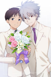 Rule 34 | 11kkr, 2boys, blue eyes, blush, bouquet, bow, brown hair, closed mouth, flower, formal, hand in pocket, hand on another&#039;s hip, highres, holding, holding bouquet, holding flower, ikari shinji, looking at viewer, multiple boys, nagisa kaworu, necktie, neon genesis evangelion, open mouth, pink flower, purple bow, purple neckwear, red eyes, short hair, simple background, smile, standing, suit, uniform, white background, white flower, white hair, white suit