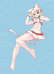 Rule 34 | 1girl, abs, absurdres, animal ear fluff, animal ears, bare legs, barefoot, bell, biceps, brown hair, cat ears, cat girl, cat tail, clothes lift, collar, feet, goutokuji mike, grin, highres, jingle bell, midriff, multicolored hair, muscular, muscular female, navel, orange hair, sheepapp, shirt, shirt lift, short hair, short sleeves, skirt, smile, solo, tail, toes, touhou, white hair, wrist cuffs, yellow eyes