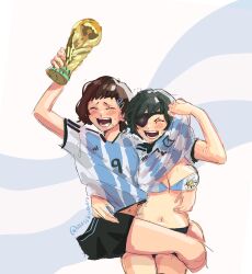 Rule 34 | 2022, 2022 fifa world cup, 2girls, absurdres, argentina, argentinian flag, argentinian flag print, arm up, blush, bra, breasts, carrying, carrying person, chainsaw man, cleavage, closed eyes, clothes lift, eyepatch, fifa world cup trophy, flag print, hair ornament, hairclip, happy, higashiyama kobeni, highres, himeno (chainsaw man), holding, holding trophy, large breasts, masshumaro, multiple girls, open mouth, shirt, shirt lift, shorts, simple background, smile, striped bra, striped clothes, striped shirt, sweat, trophy, twitter username, underwear, white shirt, world cup