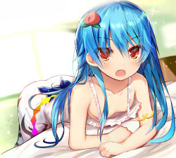 Rule 34 | 1girl, adapted costume, armlet, bare shoulders, blue hair, breasts, collarbone, commentary request, downblouse, dress, efe, eyes visible through hair, flat chest, food, food-themed hair ornament, food on head, fruit, fruit on head, hair between eyes, hair ornament, hinanawi tenshi, long hair, looking at viewer, no bra, object on head, open mouth, peach, peach hair ornament, red eyes, sidelocks, sleeveless, small breasts, solo, spaghetti strap, sundress, touhou