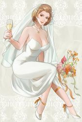 Rule 34 | 1girl, absurdres, alternate costume, bare shoulders, bouquet, breasts, bridal veil, brown eyes, brown hair, cleavage, cup, dress, drinking glass, female focus, fire emblem, fire emblem: three houses, flower, hair flower, hair ornament, heels, high heels, highres, holding, jewelry, large breasts, manuela casagranda, matching hair/eyes, mole, mole under eye, nail polish, necklace, nintendo, orange nails, see-through, short hair, simple background, smile, solo, strapless, strapless dress, tamafry, taut clothes, taut dress, veil, wedding dress, white dress, white footwear, wine glass