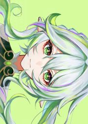 Rule 34 | 1girl, absurdres, artist name, closed mouth, commentary request, cross-shaped pupils, dress, eyelashes, gem, genshin impact, genshin kakino, green background, green eyes, green gemstone, green hair, grey dress, grey hair, hair between eyes, highres, long hair, looking at viewer, multicolored hair, nahida (genshin impact), pointy ears, ponytail, purple hair, short sleeves, side ponytail, sideways, simple background, smile, solo, straight-on, symbol-shaped pupils, upper body, watermark
