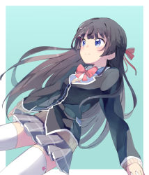 Rule 34 | 1girl, black hair, black jacket, blue eyes, border, bow, bowtie, brown sweater, closed mouth, commentary request, cowboy shot, floating, from side, grey skirt, hair bow, hair ornament, hairclip, jacket, blue background, long hair, looking at viewer, nijisanji, pleated skirt, red bow, red neckwear, school uniform, shirt, skirt, sleeves past wrists, sou (tuhut), sweater, thighhighs, tsukino mito, tsukino mito (1st costume), virtual youtuber, white background, white border, white shirt, white thighhighs