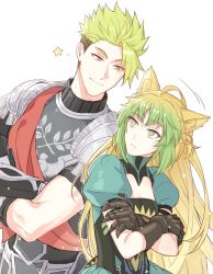 Rule 34 | 1boy, 1girl, achilles (fate), ahoge, animal ears, armor, atalanta (fate), cat ears, crossed arms, fate/apocrypha, fate/grand order, fate (series), gloves, gradient hair, green eyes, green hair, lion ears, long hair, looking at another, mikkat, multicolored hair, short sleeves, two-tone hair, undercut, yellow eyes