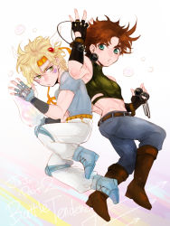 Rule 34 | 2boys, back-to-back, bad id, bad pixiv id, blonde hair, blue eyes, bola (weapon), boots, brown hair, bubble, caesar anthonio zeppeli, chibi, crop top, cross-laced footwear, denim, facial mark, feather hair ornament, feathers, fingerless gloves, floating, gloves, green eyes, hair ornament, headband, hydrokinesis, jeans, jojo no kimyou na bouken, joseph joestar, joseph joestar (young), knee boots, knee pads, looking at another, looking at viewer, medemoisellecu, midriff, multiple boys, muscular, pants, skin tight, water, weapon