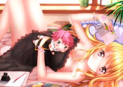 Rule 34 | 1girl, bad id, bad pixiv id, black eyes, blonde hair, blush stickers, book, bracelet, breasts, brown eyes, character doll, cleavage, dress, earrings, fairy tail, fang, jewelry, long hair, long legs, looking at viewer, lucy heartfilia, lying, natsu dragneel, on back, on bed, pink hair, scarf, smile, swordsouls, tattoo
