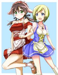 Rule 34 | 2girls, animal ears, blonde hair, blue eyes, blush, brown hair, cross, dirndl, dog ears, erica hartmann, german clothes, gertrud barkhorn, green eyes, hair ribbon, iron cross, jewelry, locked arms, looking at viewer, multicolored hair, multiple girls, necklace, official alternate costume, open mouth, red liquid (artist), ribbon, simple background, strike witches, sweatdrop, twintails, two-tone hair, world witches series