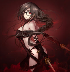 Rule 34 | 1girl, bare shoulders, black dress, braid, breasts, brown hair, choker, yu mei-ren (fate), dress, dual wielding, fate/grand order, fate (series), glasses, holding, large breasts, long hair, looking at viewer, red eyes, revealing clothes, single braid, solo, strapless, strapless dress, sword, weapon, yuemanhuaikong
