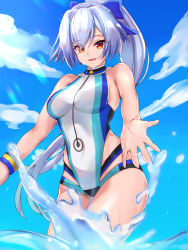 Rule 34 | 1girl, blue bow, blue one-piece swimsuit, blue sky, bow, breasts, competition swimsuit, fate/grand order, fate (series), hair between eyes, hair bow, highleg, highleg swimsuit, highres, large breasts, long hair, looking at viewer, ocean, one-piece swimsuit, open mouth, ponytail, red eyes, silver hair, sky, smile, splashing, swimsuit, thighs, tomoe gozen (fate), tomoe gozen (swimsuit saber) (fate), tomoe gozen (swimsuit saber) (first ascension) (fate), two-tone swimsuit, wading, white one-piece swimsuit, wristband, yahan (mctr5253)