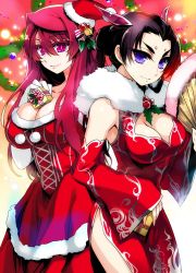 Rule 34 | 10s, 2girls, bell, black hair, blue eyes, breasts, china dress, chinese clothes, christmas, cleavage, collarbone, detached sleeves, dragon girl, dragon horns, dress, elbow gloves, hand fan, gift, gloves, hat, highres, holly, horns, huge breasts, ishida akira, karyuu koujo, large breasts, long hair, looking at viewer, maou (maoyuu), maoyuu maou yuusha, mistletoe, multiple girls, red eyes, red hair, santa hat, sleeves past wrists, smile, white gloves