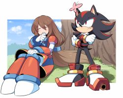 Rule 34 | 1boy, 1girl, android, animal nose, bad id, bad twitter id, black hair, blush, brown hair, bug, butterfly, capcom, crossed arms, crossover, dress, furry, furry male, gloves, hair between eyes, insect, iris (mega man), long hair, low-tied long hair, mcnr, mega man (series), mega man x4, mega man x (series), multicolored hair, open mouth, outdoors, red eyes, red hair, sega, shadow the hedgehog, shoes, signature, sitting, sky, smile, sonic (series), sonic adventure 2, sonic the hedgehog, tree, two-tone hair, white gloves