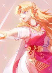 Rule 34 | 1girl, 4c ad, armor, bead necklace, beads, belt, blonde hair, blue eyes, breasts, cape, cowboy shot, dress, gem, highres, jewelry, long hair, looking back, looking to the side, medium breasts, necklace, nintendo, open mouth, parted bangs, pointy ears, princess zelda, shoulder armor, sidelocks, smile, solo, sparkle, super smash bros., teeth, the legend of zelda, the legend of zelda: a link between worlds, tiara, triforce earrings, tunic, upper teeth only, white cape, white dress