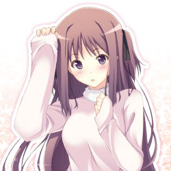 Rule 34 | 1girl, :o, bad id, bad nicoseiga id, blush, brown hair, colorized, ginmaru, hair ribbon, ichiroku, long hair, long sleeves, looking at viewer, original, outline, parted lips, purple eyes, ribbon, sleeves past wrists, solo, two side up, upper body