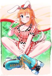 Rule 34 | 1girl, absurdres, animal ears, apron, blue eyes, blush, breasts, charlotte e. yeager, cleavage, cocktail, collarbone, crossed legs, drink, hat, highres, hiroshi (hunter-of-kct), large breasts, long hair, looking at viewer, one eye closed, orange hair, rabbit ears, rabbit tail, roller skates, skates, solo, strike witches, tail, waitress, world witches series