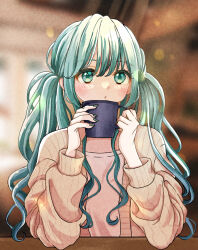 Rule 34 | 1girl, blowing steam, blunt bangs, blurry, blurry background, bokeh, cafe, cardigan, casual, coffee mug, cup, curly hair, depth of field, elbow on table, elbow rest, eyelashes, fingernails, flat chest, green eyes, green hair, green nails, hands up, hatsune miku, highres, holding, holding cup, indoors, light blush, looking afar, low twintails, mug, open cardigan, open clothes, orange cardigan, parted lips, sasakimohico, shirt, sidelighting, sidelocks, solo, table, tareme, twintails, vocaloid, white shirt
