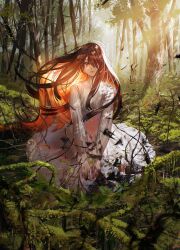 Rule 34 | 1girl, absurdres, branch, brown hair, commentary request, dappled sunlight, dress, forest, hair over one eye, highres, leaf, long hair, looking at viewer, nature, original, outdoors, purple eyes, purple pupils, red eyes, solo, sunlight, syo5, tree, white dress