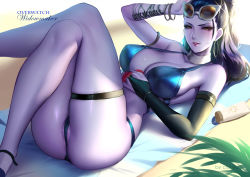 Rule 34 | 1girl, absurdres, arm tattoo, arm up, ass, beach towel, bikini, blue bikini, breasts, bridal gauntlets, cian yo, colored skin, cote d&#039;azur widowmaker, crossed legs, earrings, elbow gloves, eyewear on head, gloves, highres, hoop earrings, jewelry, large breasts, legs up, light smile, lotion, lying, on back, overwatch, overwatch 1, parted lips, partially visible vulva, ponytail, purple hair, purple skin, single glove, skindentation, smile, solo, sunglasses, swimsuit, tattoo, thigh strap, thighs, towel, widowmaker (overwatch), yellow eyes