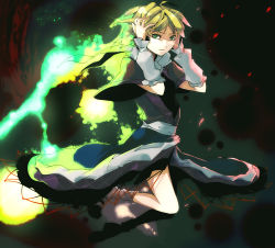 Rule 34 | 1girl, 35, arm warmers, arms up, black footwear, blonde hair, cape, closed mouth, dark background, dress, female focus, full body, glowing, glowing eyes, green eyes, grey socks, hands on own head, kneehighs, legs, light, light particles, looking at viewer, midair, mizuhashi parsee, nose, sash, shaded face, shoes, short hair, smile, socks, solo, touhou