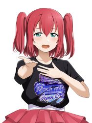 Rule 34 | 1girl, aqua eyes, barkhorn0331, black shirt, blush, collarbone, commentary request, copyright name, english text, furrowed brow, hair between eyes, hand on own chest, highres, kurosawa ruby, looking at viewer, love live!, love live! sunshine!!, open mouth, print shirt, red hair, red skirt, shirt, short hair, short sleeves, sidelocks, skirt, solo, standing, two side up, upper body, white background